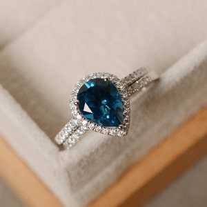 Blue topaz ring, pear engagement ring, sterling silver, pear shaped ring image 2