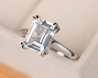 White topaz minimalist engagement ring, emerald cut , sterling silver, November birthstone ring