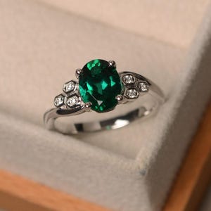 Lab emerald ring, oval cut, May birthstone, sterling silver, promise ring