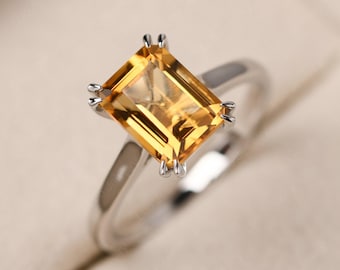 14K gold citrine engagement ring, emerald cut, minimalist November birthstone ring
