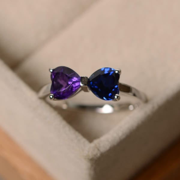 Sapphire amethyst ring, heart cut, birthstone ring, sterling silver