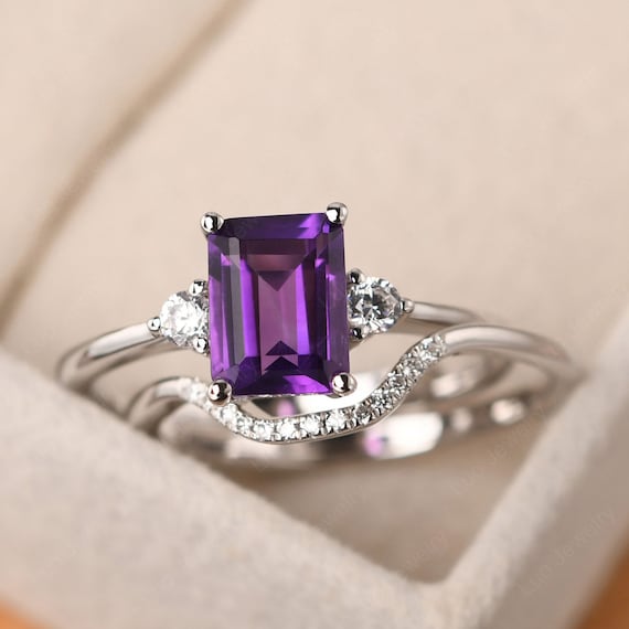 Amethyst Bridal Sets Rings Emerald Cut Purple Stone Wedding Ring