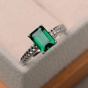 Emerald ring, promise ring, emerald cut green gemstone, May birthstone, solitaire ring, sterling silver ring