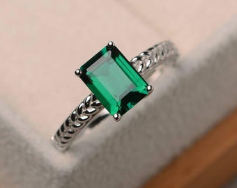 Emerald ring, promise ring, emerald cut green gemstone, May birthstone, solitaire ring, sterling silver ring