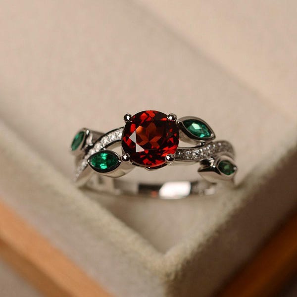 Natural garnet ring, sterling silver, round cut, engagement ring for women, multistone ring