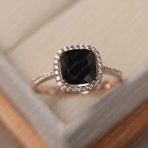 Genuine black spinel ring, cushion cut, rose gold halo engagement ring