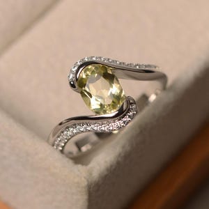 Yellow lemon quartz ring, oval cut, sterling silver, yellow green gemstone ring, promise ring