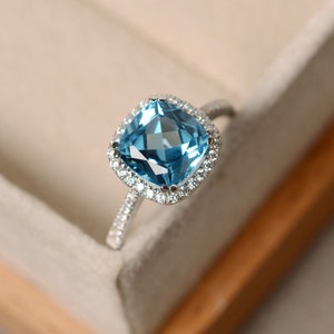 Swiss blue topaz ring, cushion cut, sterling silver, gemstone