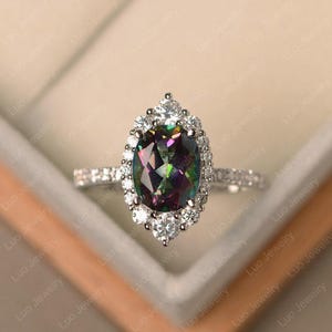 Rainbow mystic topaz ring, oval cut, silver rings, engagement ring