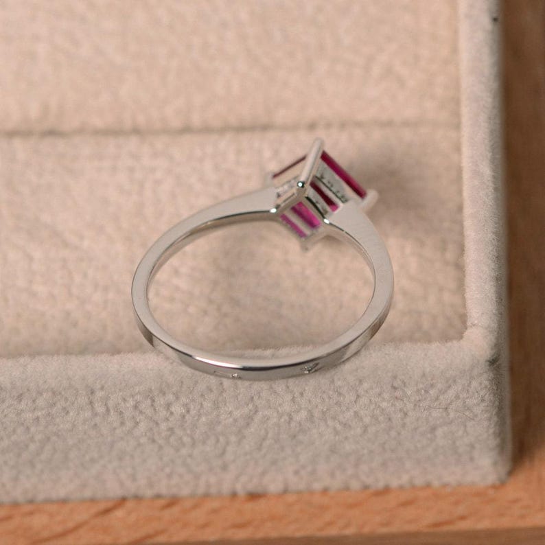 Lab ruby ring, princess cut, July birthstone, solitaire ring image 4
