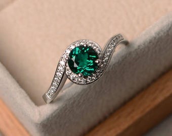 Lab emerald ring, anniversary ring, sterling silver ring, round cut ring, May birthstone ring, green gemstone ring