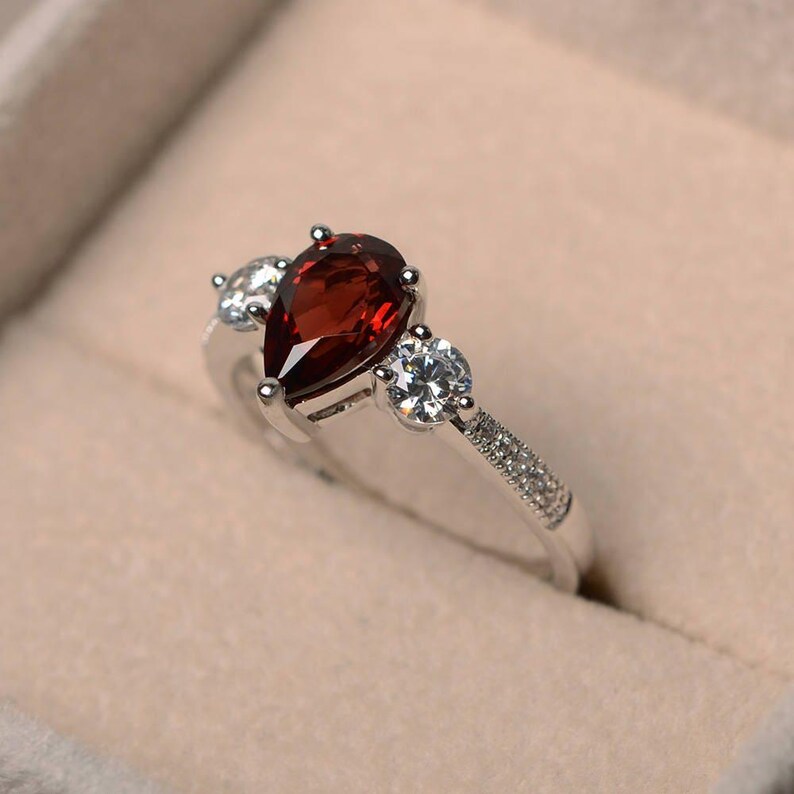 Natural garnet ring, promise ring, red gemstone ring, pear cut gemstone, sterling silver ring, January birthstone ring image 2