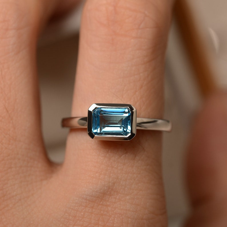 Swiss blue topaz ring anniversary ring sterling silver solitaire ring emerald cut