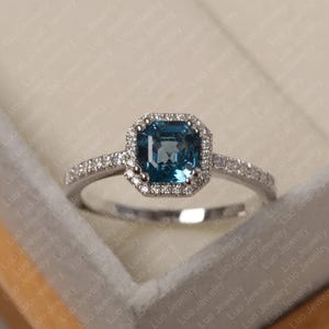 Real London blue topaz ring, asscher cut, stering silver ring, November birthstone