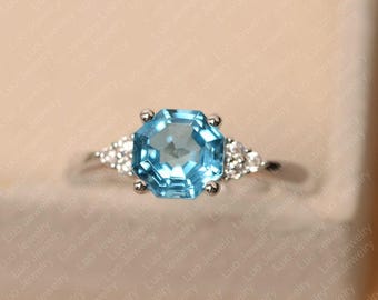 Swiss blue topaz ring, octagon cut, sterling silver anniversary ring for women