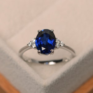 Handmade blue sapphire anniversary ring, blue stone, oval shaped, sterling silver,September birthstone