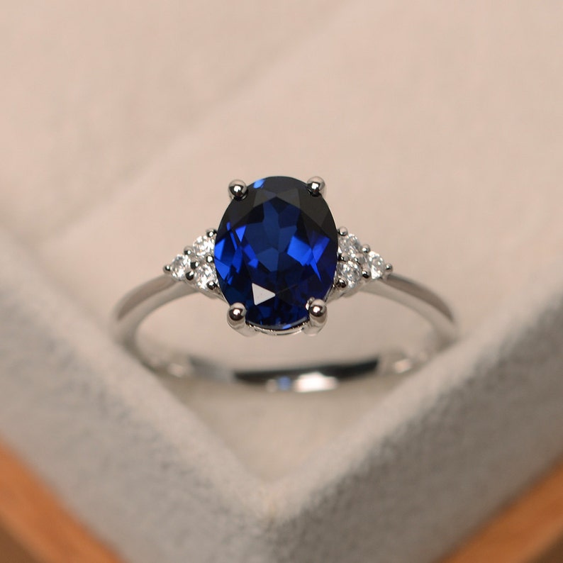 Handmade blue sapphire anniversary ring, blue stone, oval shaped, sterling silver,September birthstone 