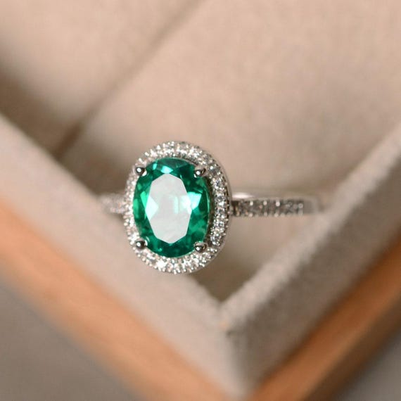 Lab emerald ring, sterling silver, May birthstone, promise ring, engagement ring