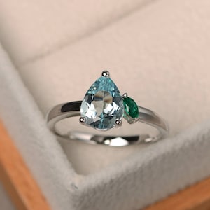 Natural aquamarine ring, anniversary ring, March birthstone, pear cut gemstone, blue gemstone, sterling silver ring