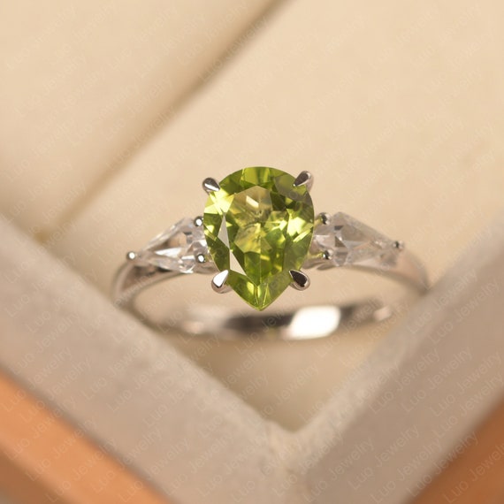 August Birthstone Genuine Natural Peridot Engagement Ring Pear