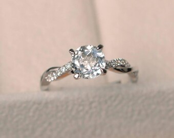 Topas-Jubiläumsringe, natürlicher weißer Topasringe, Rundschliffringe, Silberringe, einzigartiger Ring
