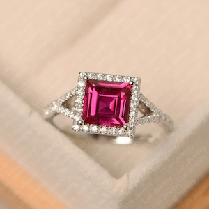 Red ruby ring, square cut July birthstone, white gold, halo engagement ring for women
