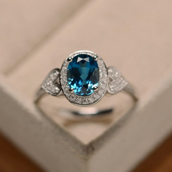 Oval Shape London Blue Topaz Engagement Ring, Sterling Silver Halo