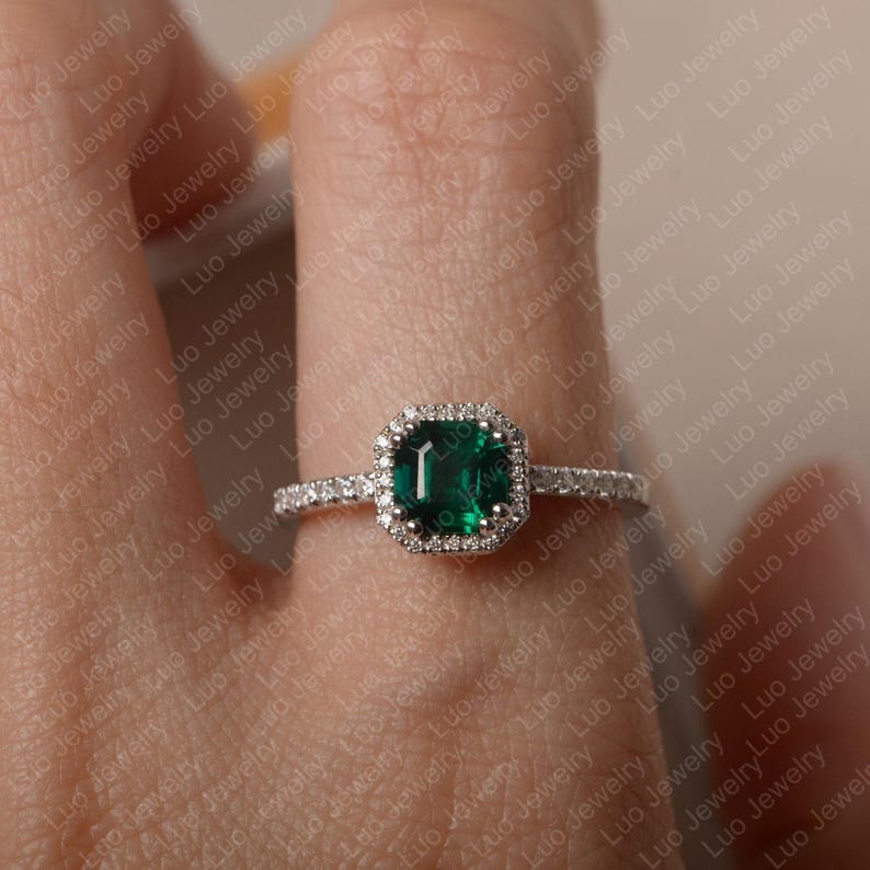 Emerald ring, asscher cut ring, emerald silver ring, green stone ring,halo ring,May birthstone image 5