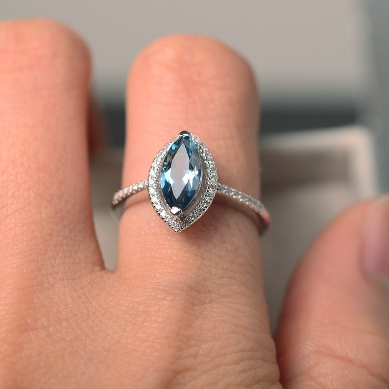 March birthstone promise ring Marquise aquamarine ring silver