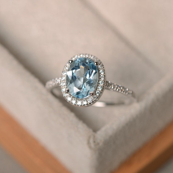Blue Aquamarine Solitaire Ring March Birthstone Ring Aquamarine Ring in 925 Sterling Silver