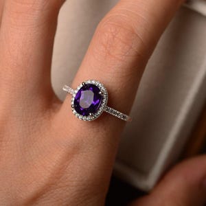 Natural amethyst silver rings, halo rings, round cut rings, solid silver rings, February birthstone, vintage rings image 4