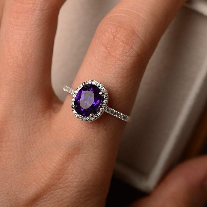 Natural amethyst silver rings, halo rings, round cut rings, solid silver rings, February birthstone, vintage rings image 4
