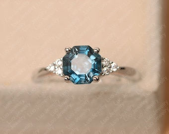 London blue topaz ring, sterling silver engagement ring, octagon cut blue stone ring