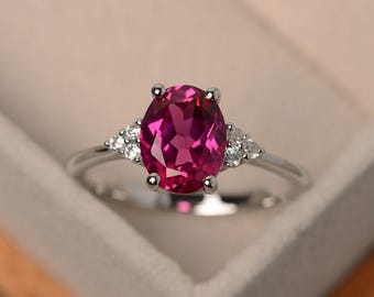 Anillo de rubí, anillos de compromiso de rubí, talla ovalada, piedra de nacimiento de julio, anillo delicado, plata de ley