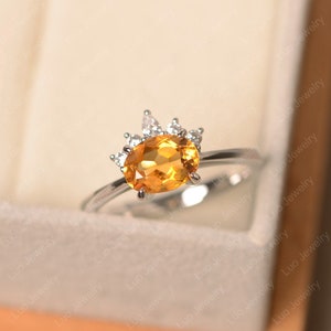 Yellow citrine ring, November birthstone, oval cut gemstone, silver 925 engagement ring