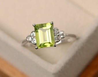 Peridot ring, promise ring, August birthstone, rectangle ring