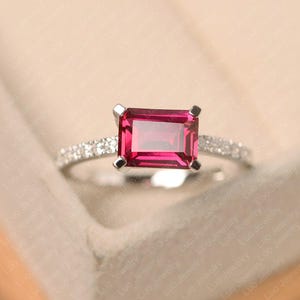 Red ruby ring, July birthstone, emerald cut, sterling silver, engagement ring for women