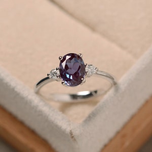 Oval shaped color changing stone,alexandrite anniversary ring, sterling silver, June birthstone ring