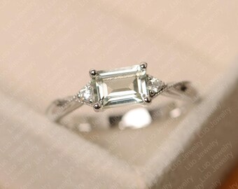 Ring groene amethist, sterlingzilver, verlovingsring, smaragd geslepen ring met drie stenen