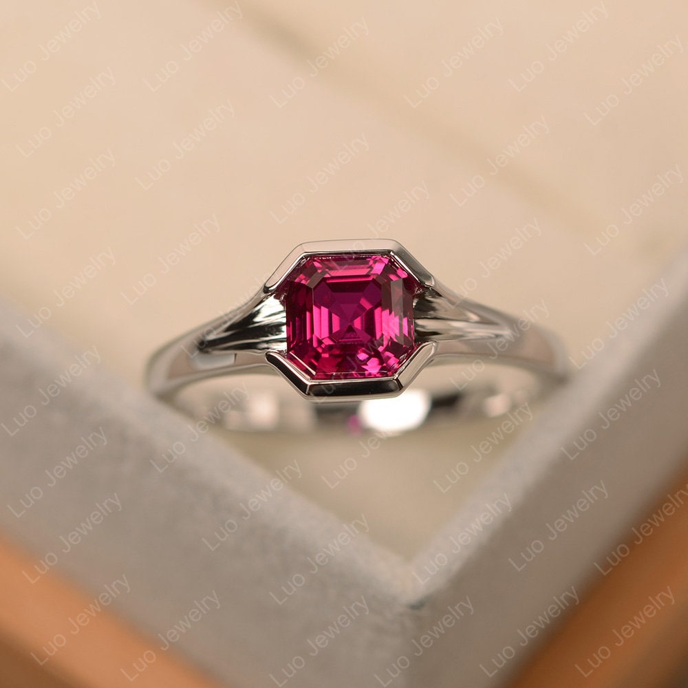 Engagement Ring -Asscher Cut Diamond Engagement Ring with Red Rubies 0.40  tcw.-ES368