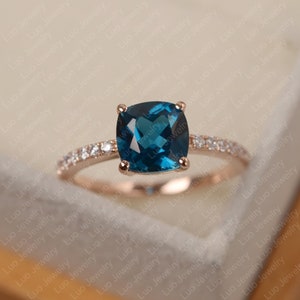 London blue topaz engagement ring, cushion cut, solid rose gold ring,daily wear ring