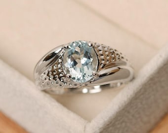 Oval cut aquamarine ring, solitaire ring, March birthstone, sterling silver, aquamarine gemstone