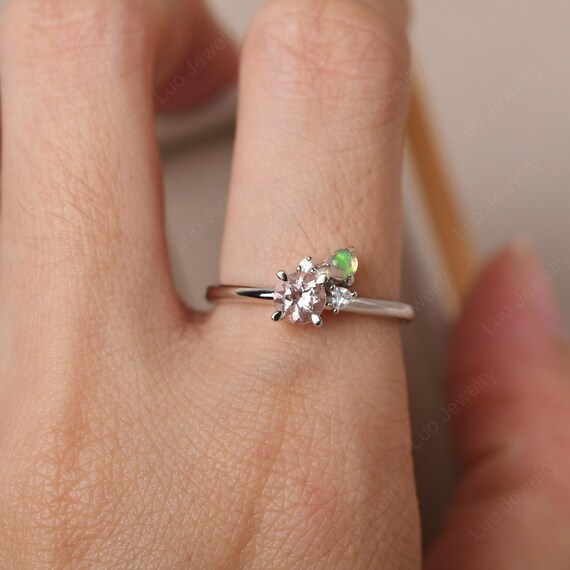 繊細なモルガナイトの結婚指輪、オパール、スターリングシルバーの