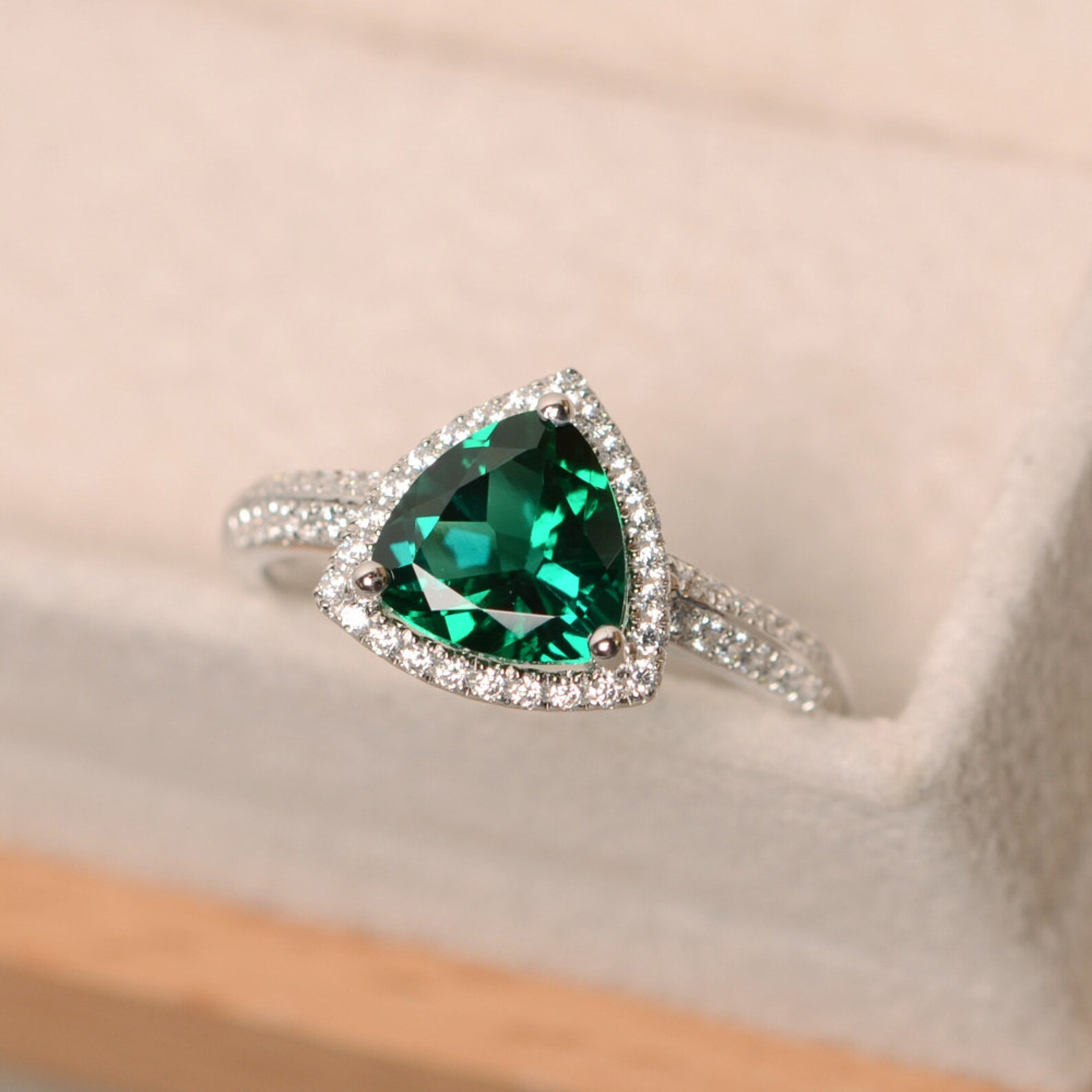 Lab Emerald Ring Trillion Cut Engagement Ring Sterling Etsy
