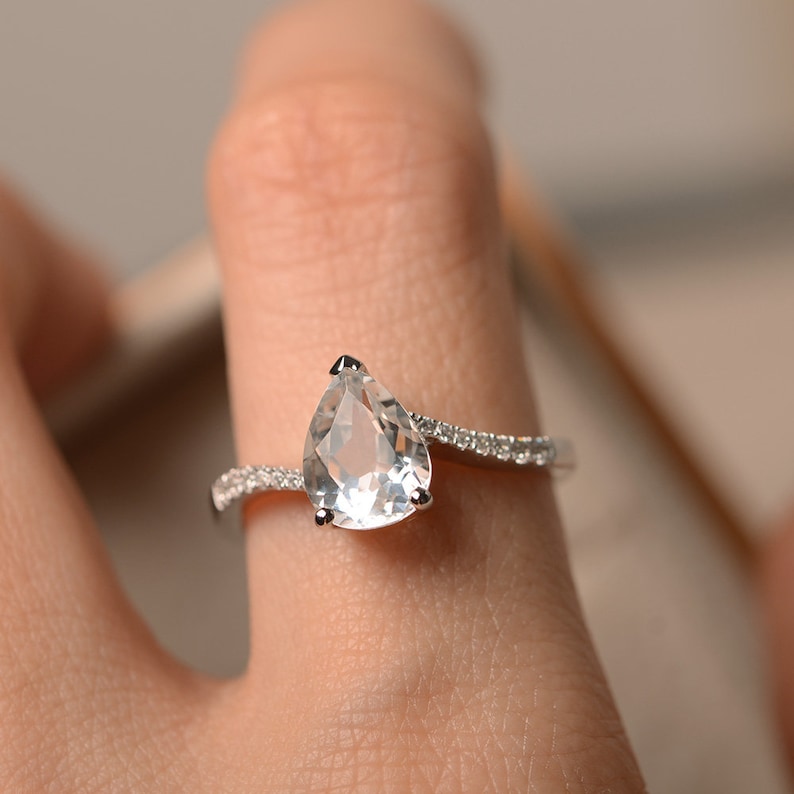 Natural white topaz ring pear shaped engagement ring silver gemstone ring