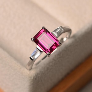 Red ruby ring, emerald cut red stone ring, July birthstone ring, sterling silver ring, retro ruby ring