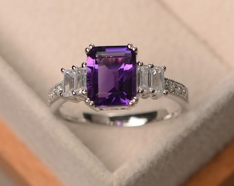 Natural amethyst ring, promise ring, emerald cut purple gemstone, sterling silver ring, February birthstone