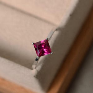 Lab ruby ring, princess cut, July birthstone, solitaire ring image 2