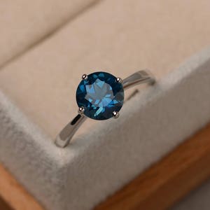 London blue topaz ring, solitaire ring, sterling silver, round cut image 2