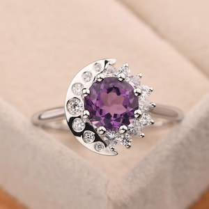 Sun and moon ring,halo amethyst ring, round shaped 1.25 CT, February birthstone